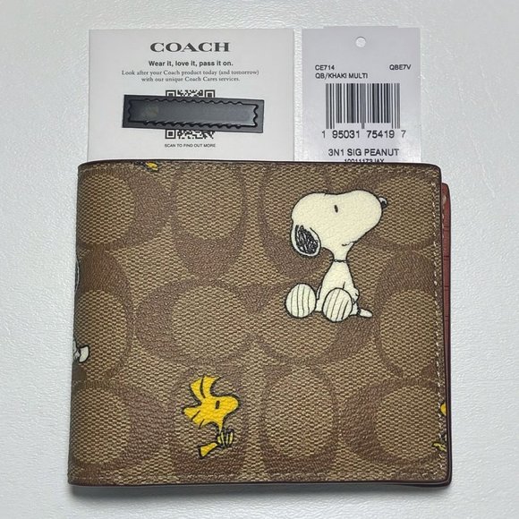 Coach X Peanuts 3 In 1 Wallet Signature Canvas With Snoopy & Woodstock Print - Picture 7 of 8